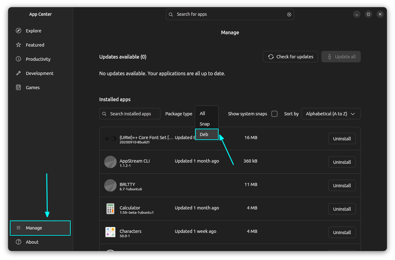 在 App Center 內管理 Deb 應用程式
